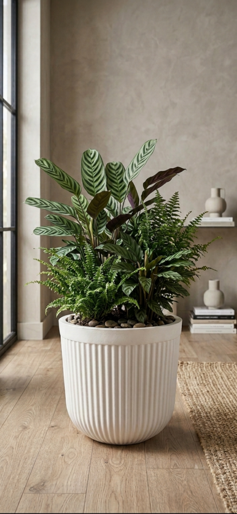 Vertical Fluted Cream Ceramic Floor Planter