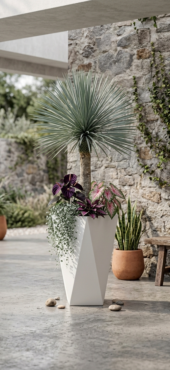 Angular Geometric White Tall Planter