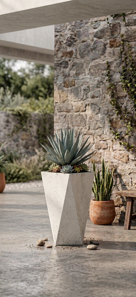Geometric Speckled Stone Tall Pedestal Planter