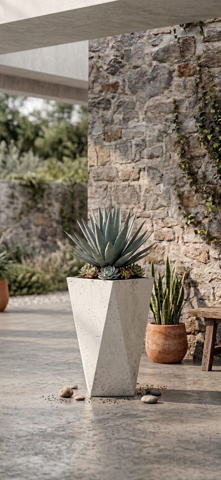 Geometric Speckled Stone Tall Pedestal Planter